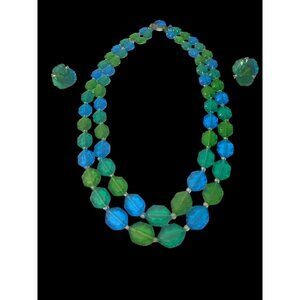 Lucite Necklace & Clip-On Earrings Aqua teal Beads W.Germany Mid-Century Modern